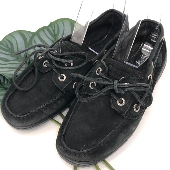 Sperry Top-Sider Black Bluefish 2-Eye Leather Slip On Tie Accent Boat Shoes - Picture 1 of 10